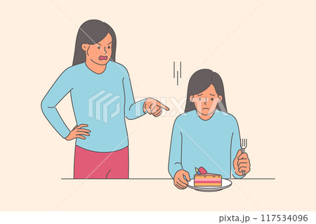 Woman tries to follow diet and not eat sweets, and blames herself while eating cake Woman tries to follow diet and not eat sweets, and blames herself while eating cake 117534096