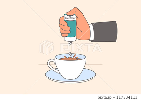 Person hand adds sweetener to coffee to make drink sweeter without use of sugar. Person hand adds sweetener to coffee to make drink sweeter without use of sugar. 117534113
