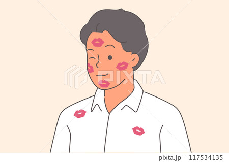 Man with traces of kisses on face and shirt left by girlfriend smiles after end of date Man with traces of kisses on face and shirt left by girlfriend smiles after end of date 117534135