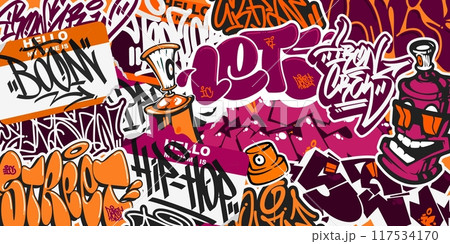 Trendy Abstract Urban Graffiti Style Sticker Bombing With Some Street Art Lettering Background 117534170