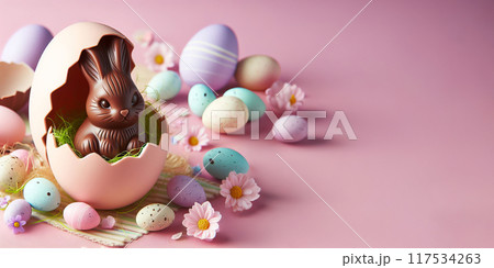 Chocolate bunny nestled inside a pastel-colored eggshell, delightful and festive Easter composition 117534263