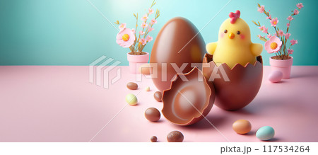 A chocolate Easter egg rests atop an eggshell, embodying a pastel aesthetic, anthropomorphized chocolate chicken. Playful composition, 117534264