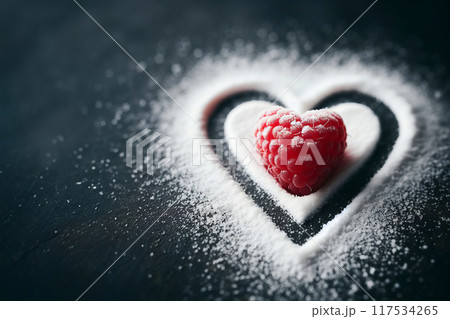 a heart made out of sugar with a raspberry in the middle, romanticism, low-key, 117534265