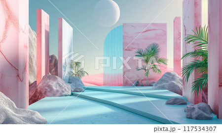 Surreal desert tropical landscape for product presentation background. Generative AI 117534307