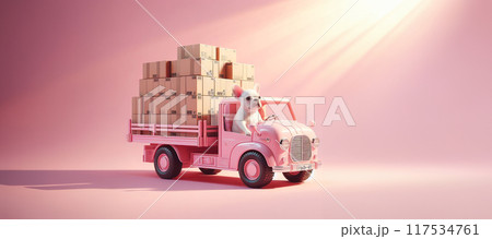 Dog carries packages on pink truck in cute delivery scene, 117534761