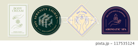 Female Hand with Body Cream and Aromatic Spa Sign Logo Template Thin Line Icon Set. Vector Female Hand with Body Cream and Aromatic Spa Sign Logo Template Thin Line Icon Set. Vector 117535124