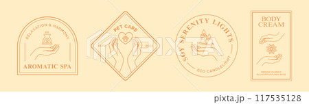 Female Hand with Pet Care Heart Sign and Candles Logo Template Thin Line Icon Set. Vector Female Hand with Pet Care Heart Sign and Candles Logo Template Thin Line Icon Set. Vector 117535128