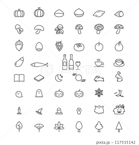 シンプルな秋のアイコンセット ハロウィンと秋の味覚 117535142