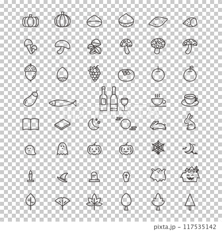 シンプルな秋のアイコンセット ハロウィンと秋の味覚 117535142