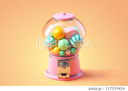 Colorful gumball machine filled with an assortment of items. Inside clear dome Colorful gumball machine filled with an assortment of items. Inside clear dome 117535424