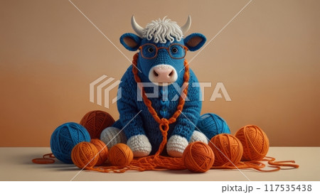 a blue knitting cow surrounded by balls of yarn, 117535438