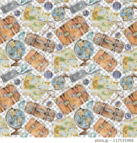 Suitcases luggage with stickers icons pins, old photo camera, globe and map. Watercolor hand drawn art. Seamless pattern. Design for tourism, travel, brochure, wedding, guide, print, card, tattoo. 117535466
