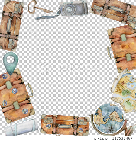 Old vintage suitcases with stickers and pins, photo camera, map, flask. Watercolor hand drawn illustration. Square frame. Design for tourism, travel brochure, booklet, wedding guide, print, card. 117535467