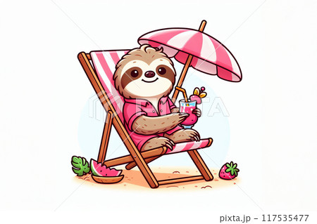 playful Sloth sitting in deck chair, wearing pink shirt, holding glass with pink beverage, whimsical scene against white background, playful Sloth sitting in deck chair, wearing pink shirt, holding glass with pink beverage, whimsical scene against white background, 117535477