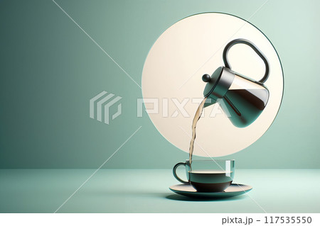 3D render of glass coffee pot mid-pour into cup against pale green backdrop with large circular shape 117535550