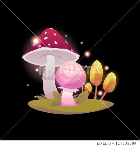 Glowing fantasy alien mushrooms with sparkles, vector cartoon magic unusual fungi fly agaric, fantastic game fungus 117535594