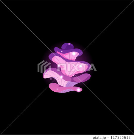 Vector illustration of the mycelium of fantastic mushrooms in pink-purple color with a bright glow 117535612