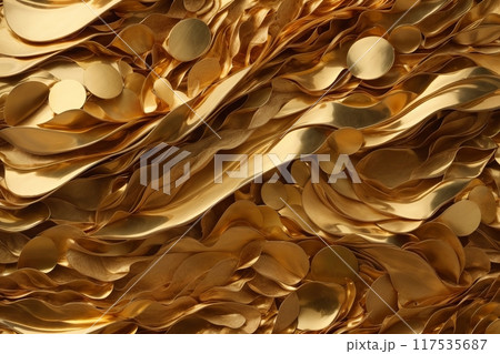 A creative and dynamic gold metal background that combines elements of nature and technology, with organic shapes and metallic accents that create a sense of balance and harmony. 117535687