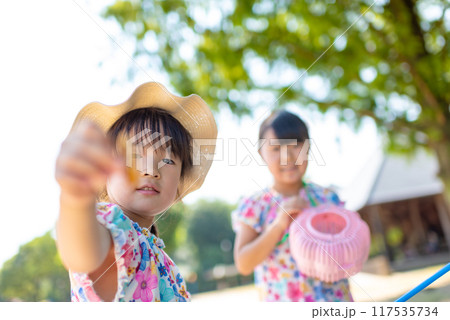 公園で虫とりをして遊ぶ女の子 公園で虫とりをして遊ぶ女の子 117535734