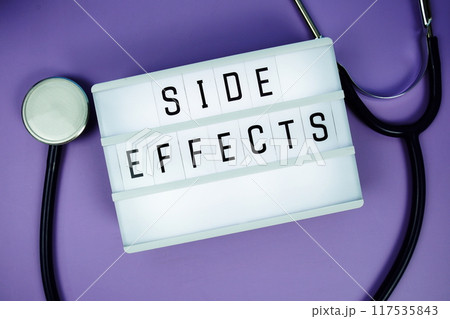 Side Effects letterboard text on LED Lightbox and stethoscope on purple background, Healthcare concept Side Effects letterboard text on LED Lightbox and stethoscope on purple background, Healthcare concept 117535843