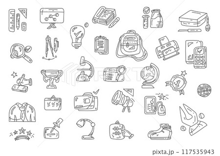 Education hand drawn doodles set, school supplies, knowledge, learning, creativity, icons, vector illustration. 117535943