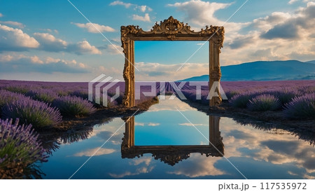 against the background of a blue sky, a lavender field, in the middle of the field there is a large frame against the background of a blue sky, a lavender field, in the middle of the field there is a large frame 117535972