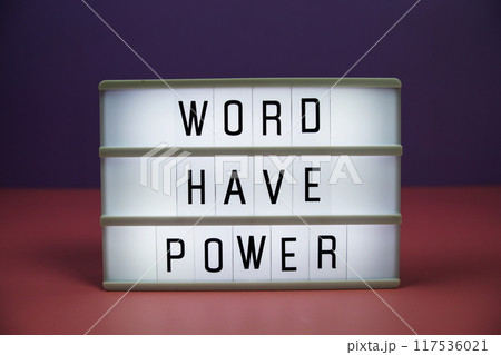 Word Have Power letterboard text on LED Lightbox on pink and purple background Word Have Power letterboard text on LED Lightbox on pink and purple background 117536021