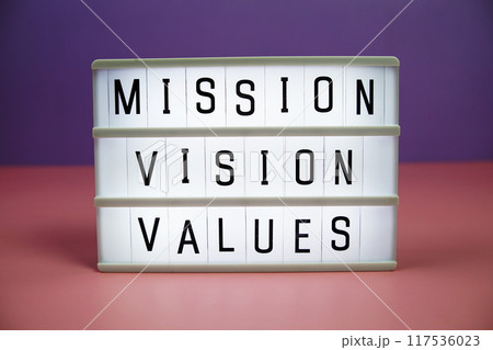 Mission Vision Values letterboard text on LED Lightbox on pink and purple background 117536023