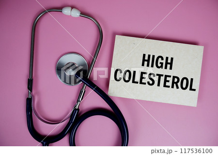 High Colesterol text with stethoscope on pink background, Healthy and wellness concept 117536100
