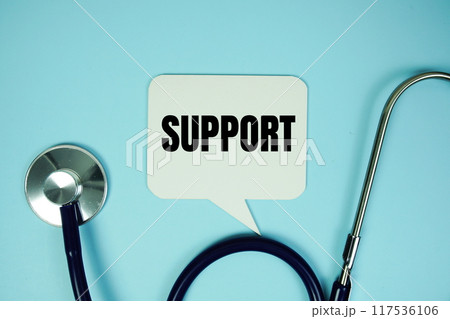 Support text with stethoscope on blue background, Healthy and wellness concept Support text with stethoscope on blue background, Healthy and wellness concept 117536106