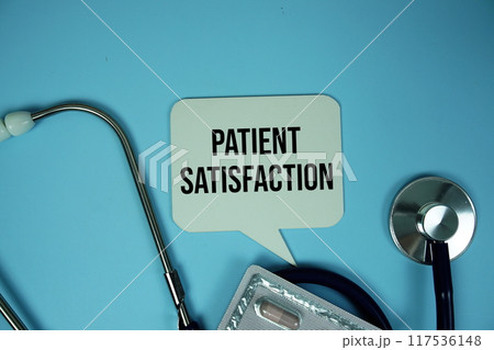 Patient Satisfaction text with stethoscope and capsule medicine on blue background, Healthy and wellness concept Patient Satisfaction text with stethoscope and capsule medicine on blue background, Healthy and wellness concept 117536148
