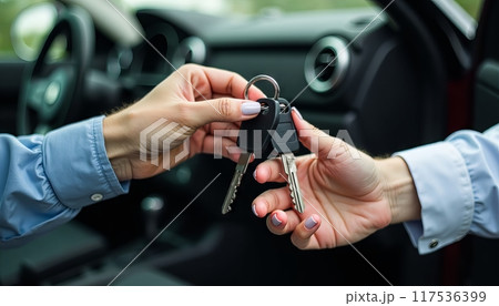 Man woman gets the car key from seller - satisfied - trade closed - new car in the background. Concept of buying a vehicle, auto business. 117536399
