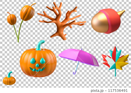 Autumn. Maple leaf, oak,physalis, acorn, pumpkin, umbrella. 3d icon set  117536491