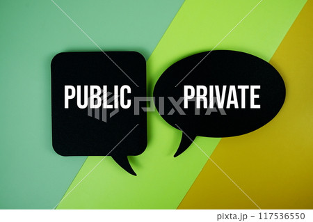 Public vs Private text on speech bubble top view on green and yellow geometric background 117536550
