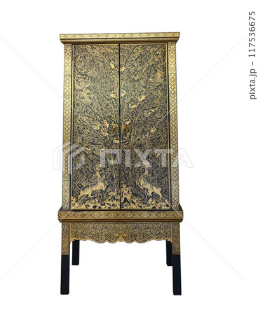 Old wooden cabinet with golden pattern, traditional style of Thailand isolated on white. Old wooden cabinet with golden pattern, traditional style of Thailand isolated on white. 117536675