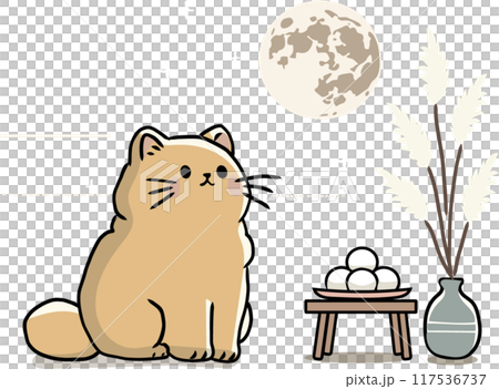 満月に見とれるかわいい猫 傍らにはお月見団子とススキを並べ、和やかで温かみのある風景を表現しました。 117536737