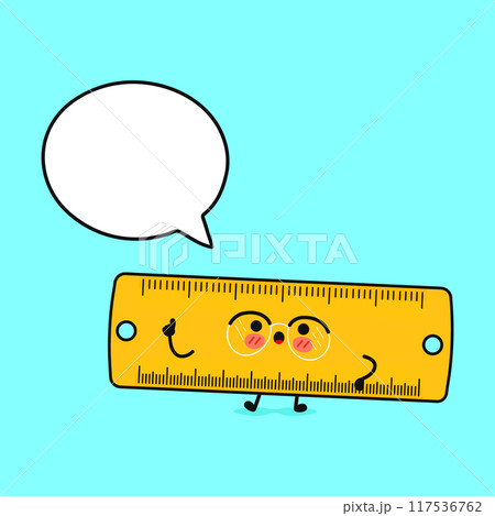 Ruler with speech bubble. Vector hand drawn cartoon kawaii character illustration icon. Isolated on blue background. Ruler character concept 117536762