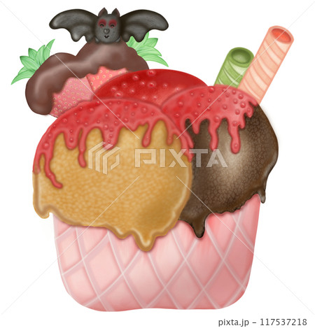 Halloween cartoon ice cream in a waffle and popsicles with red jam,chocolate,illustration . Halloween cartoon ice cream in a waffle and popsicles with red jam,chocolate,illustration . 117537218