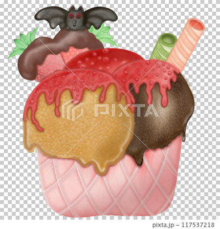 Halloween cartoon ice cream in a waffle and popsicles with red jam,chocolate,illustration . Halloween cartoon ice cream in a waffle and popsicles with red jam,chocolate,illustration . 117537218