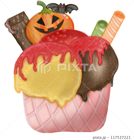 Halloween cartoon ice cream in a waffle and popsicles with red jam,chocolate,illustration . 117537221