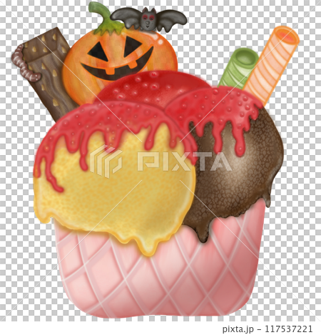 Halloween cartoon ice cream in a waffle and popsicles with red jam,chocolate,illustration . 117537221