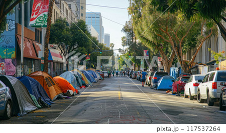 Homeless tents on the streets in downtown 117537264