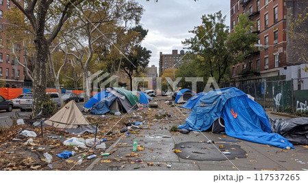 Homeless tents on the streets in downtown 117537265