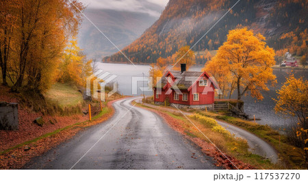 Traditional wooden house or farm near forest and lake. Sunny day. Early autumn, Finland. Idyllic rural scene 117537270
