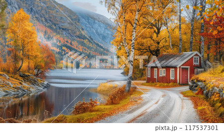 Traditional wooden house or farm near forest and lake. Sunny day. Early autumn, Finland. Idyllic rural scene Traditional wooden house or farm near forest and lake. Sunny day. Early autumn, Finland. Idyllic rural scene 117537301