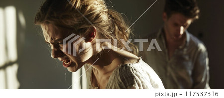 attractive angry couple fighting and shouting at each other 117537316