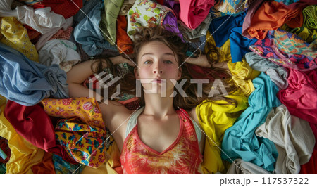 Shocked woman laying on huge pile of colorful dirty clothing. Housework concept 117537322