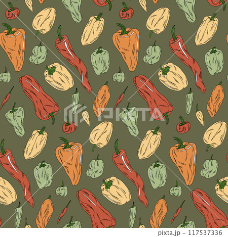 Pattern of colored paprika on green background, illustration of pepper flat style for textile, paper Pattern of colored paprika on green background, illustration of pepper flat style for textile, paper 117537336
