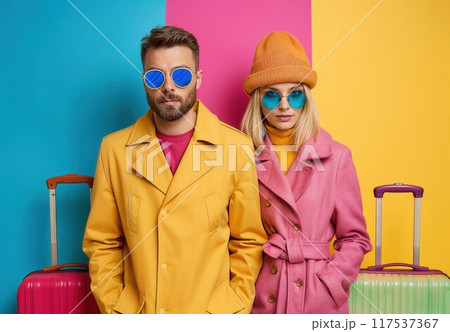 Happy couple with suitcase and travel rucksack go on summer holiday trip. Portrait two joyful people 117537367
