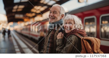 Portrait of happy pensioners on the station platform, next to the train. An elderly couple travels by train by rail Portrait of happy pensioners on the station platform, next to the train. An elderly couple travels by train by rail 117537368